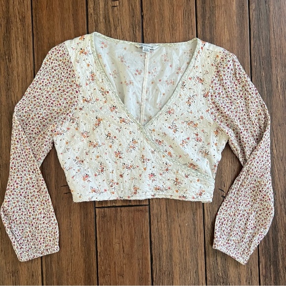 American Eagle Cotton Linen Floral Eyelet Crop Top Cottage Peasant Boho Small - Picture 1 of 14